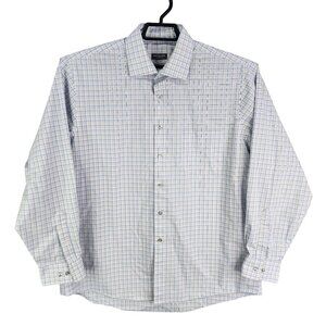 Mens White Blue Tan Plaid Van Heusen Flex Shirt Button Down Long Sleeve Size L